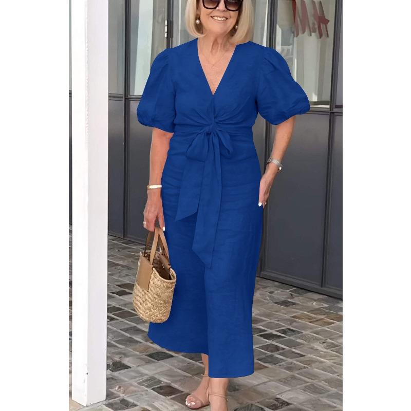 VEZFAA Women's Fashion Summer Spring Solid Color Print Short Sleeve V-Neck High Waist Casual Dresses