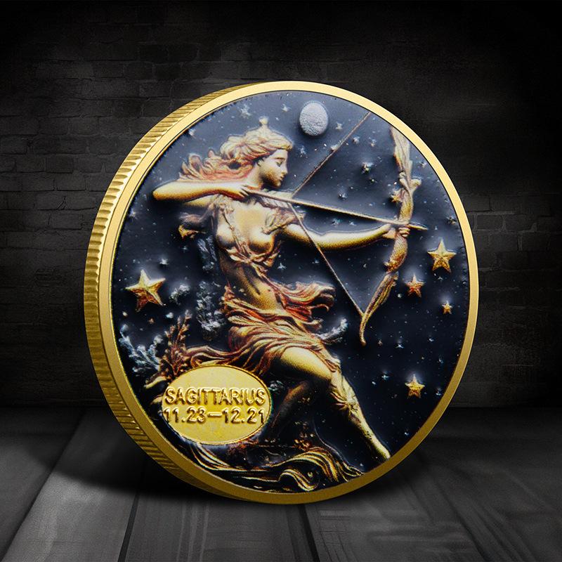 Evropské a americké zodiacové pamětní mince, mince osázené diamanty, Tarot přání pro Slunečního boha, zlaté a stříbrné mince, ozdoby
