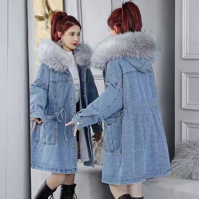 Autunno Inverno Donna Jeans Cappotto Spessa Lana Giacca di Jeans Larga Con Cappuccio Vestiti Lunghi Capispalla Femminili