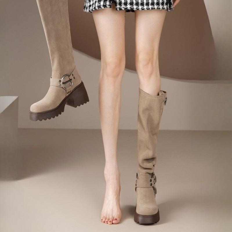 Fashion New Womens Retro Suede Boots Brown Belt Buckle Tall Boots Western Cowboy Boot Women's Boot Fashion Temperament Boots Botas Mujer