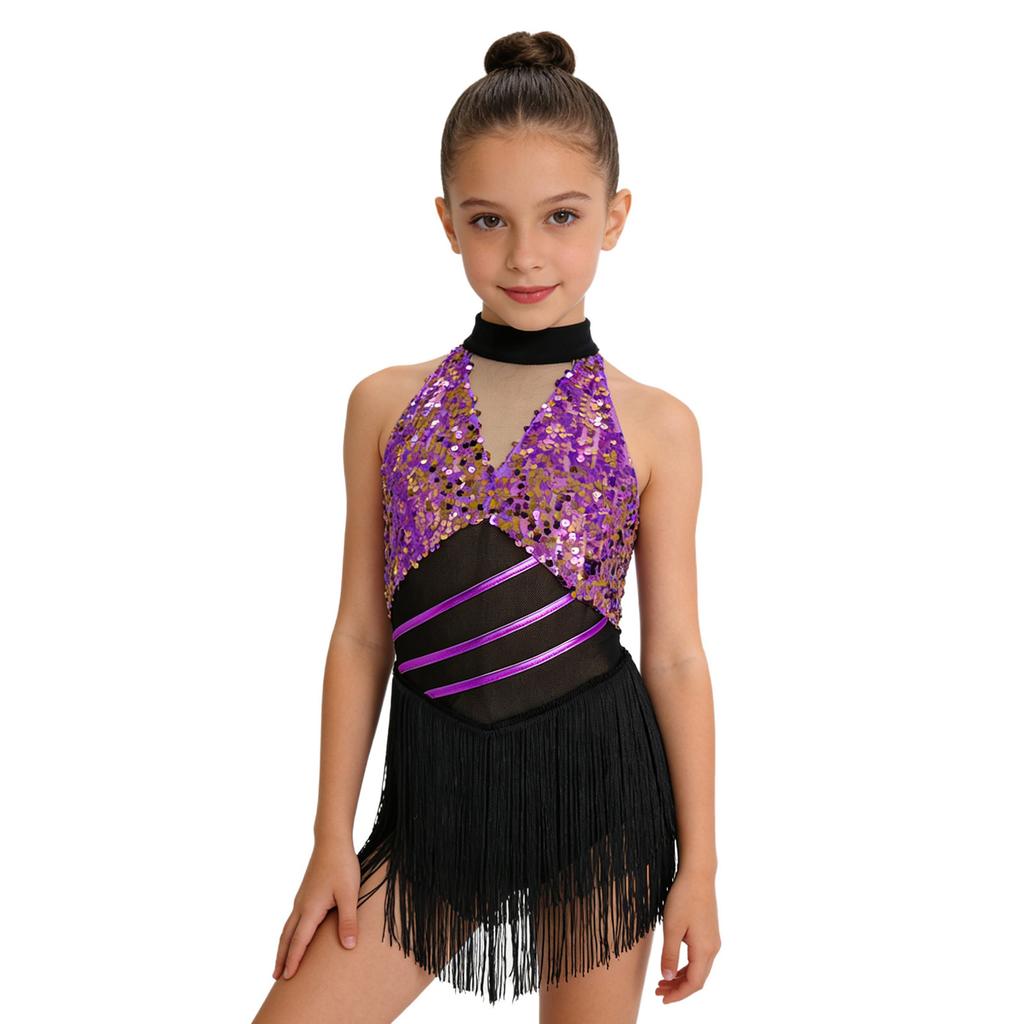 Mädchen Cha-cha Salsa Performance-Leotard: Ärmelloses Neckholder-Kleid mit Pailletten und Fransen, Netz-Taille, Schlüsselloch, Metallic-Rücken für Bühnenkostüm