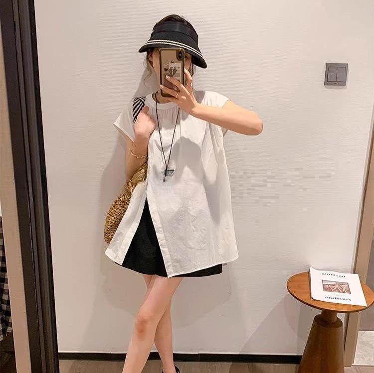 White Design Short-sleeved Irregular Shirt Blouse New Women's 16-year Summer Split-ended Blouse