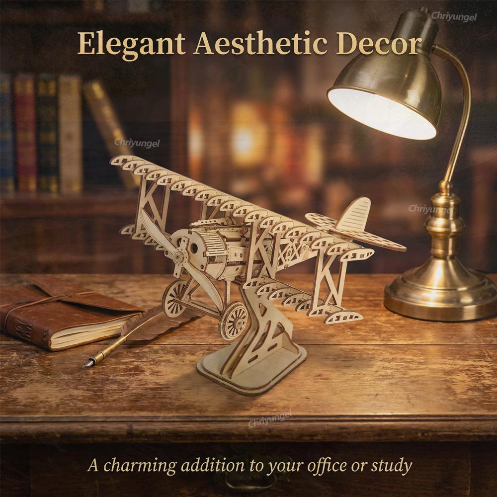 3D Wooden Puzzle Bi-Plane Aircraft Model Kits DIY Assembly 3D Puzzle for Adults Teens Brain Teaser Home Decor Crafts