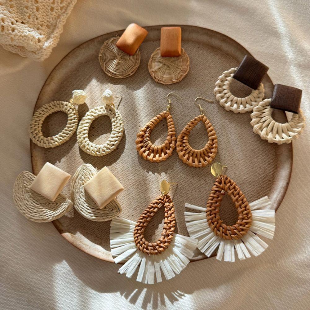 Wood Rattan Weave Earrings Round Beach Jewelry Retro Bohemian Drop Earrings  Women