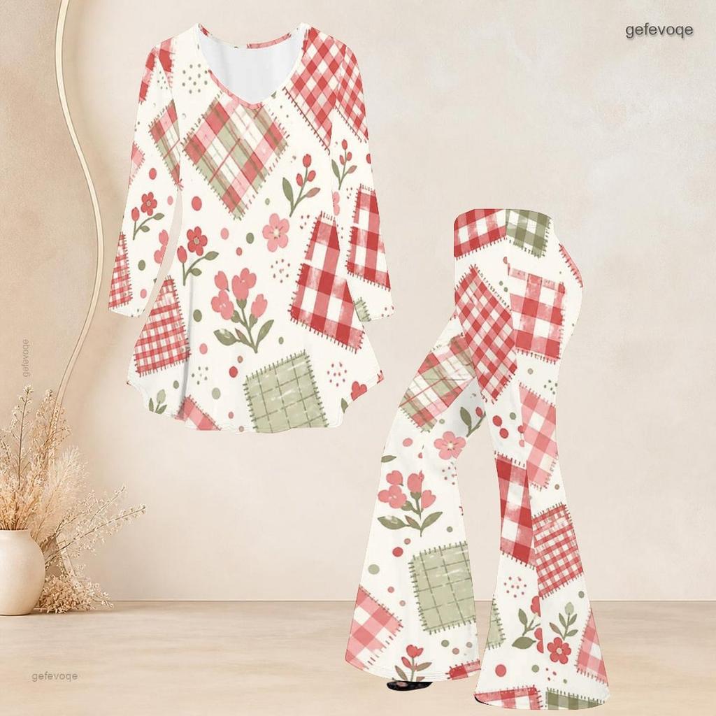 Women Plus Size V Neck Three Quarter Sleeve Printed Flared Top And Flared Pants Two Piece Set