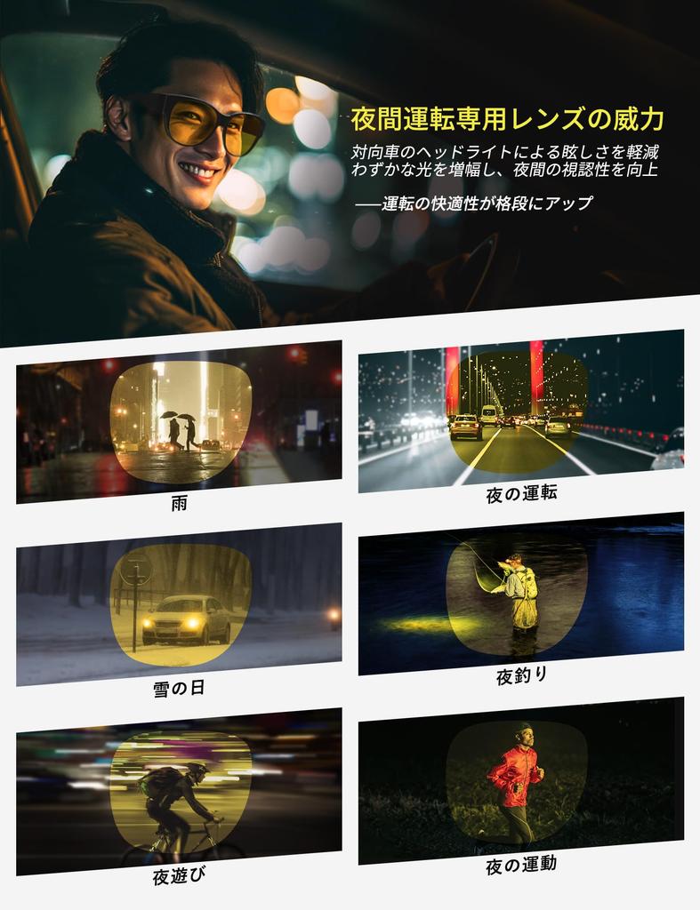 Br'Guras Night Vision Glasses with Yellow Polarized Lenses, Lightweight TR90 Material, Compatible with Glasses, Unisex (Black)