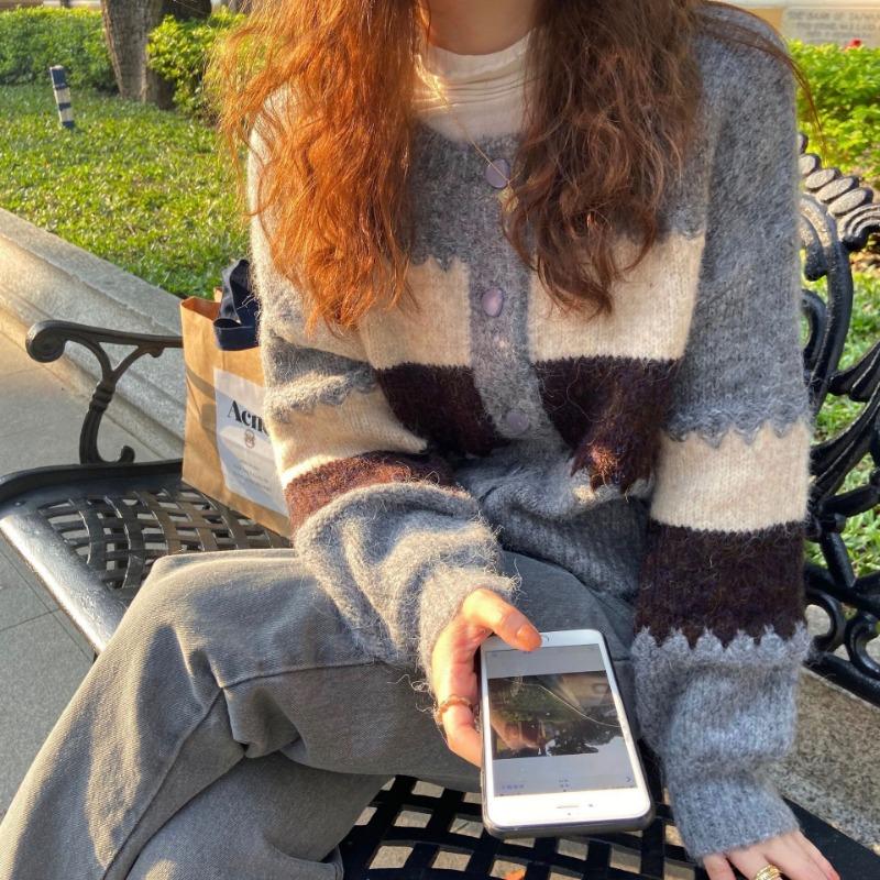 Spring Autumn Winter Korean-Style Knit Cardigan: Women's Fashion Color-Block Striped Short Outer-Wear Sweater