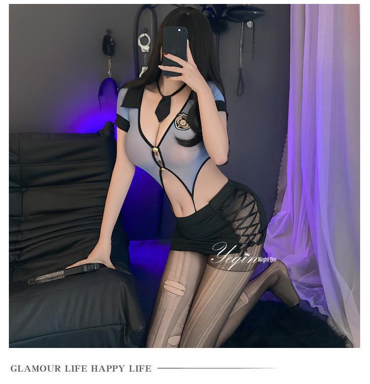 Night Piano Women's Sexy Police Uniform & Flight Attendant Lingerie Set - Cutout Bodysuit with Hip-Hugging Skirt, Style 7361.