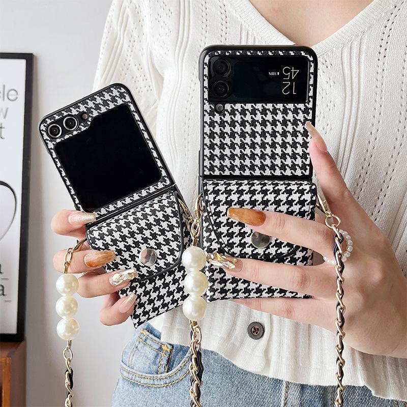Samsung Zflip7 Black And White Thousand Bird Grid Wallet Mobile Phone Case For 4 Clamshell Folding Screen Messenger Chain Pearl 3