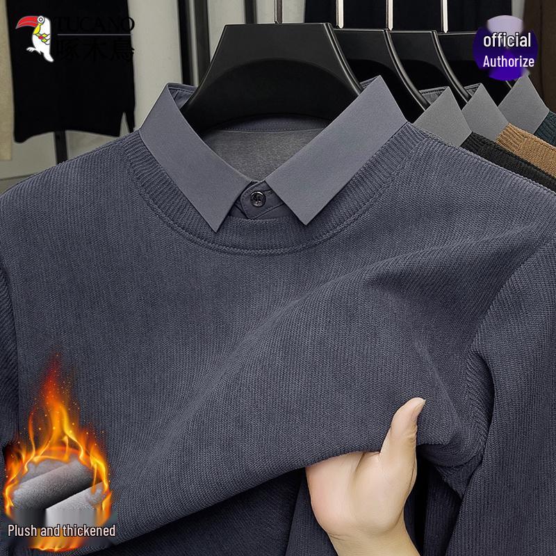 Woodpecker Men's Winter Two-Piece Sweater with Velvet Lining - Thick, Warm, Casual Shirt Collar for Middle-Aged Dads