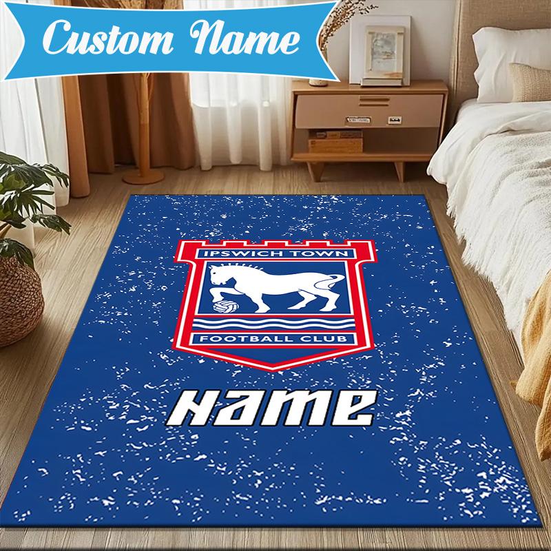 Custom Name Ipswich Football Crest Rug Game Carpet, Floor Mat for Bedroom Living Room Entryway Rug, Home Decor Idea Gift for Christmas Birthday