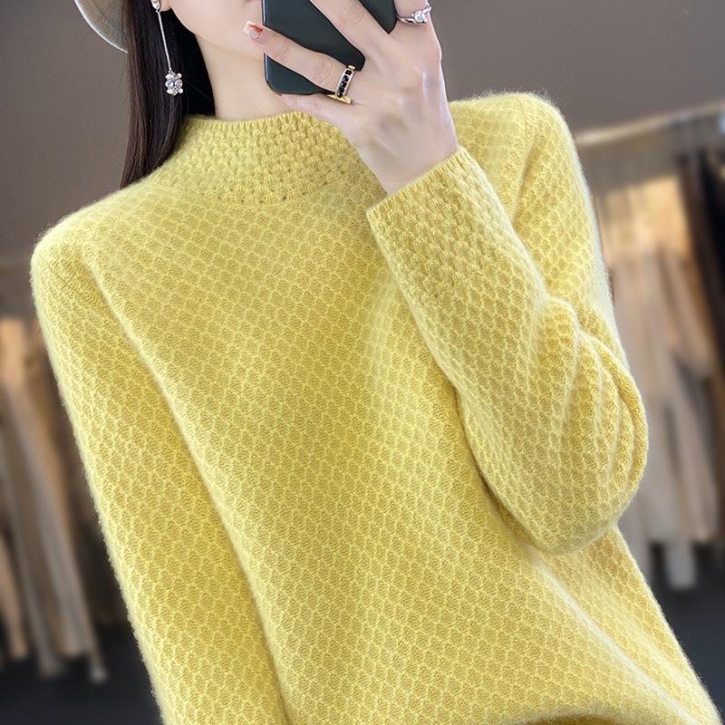 2023 Autumn Women's Cable Knit Sweater, Half-High Collar, Thick Drop Shoulder, Loose Fit, Lazy Style Base Layer