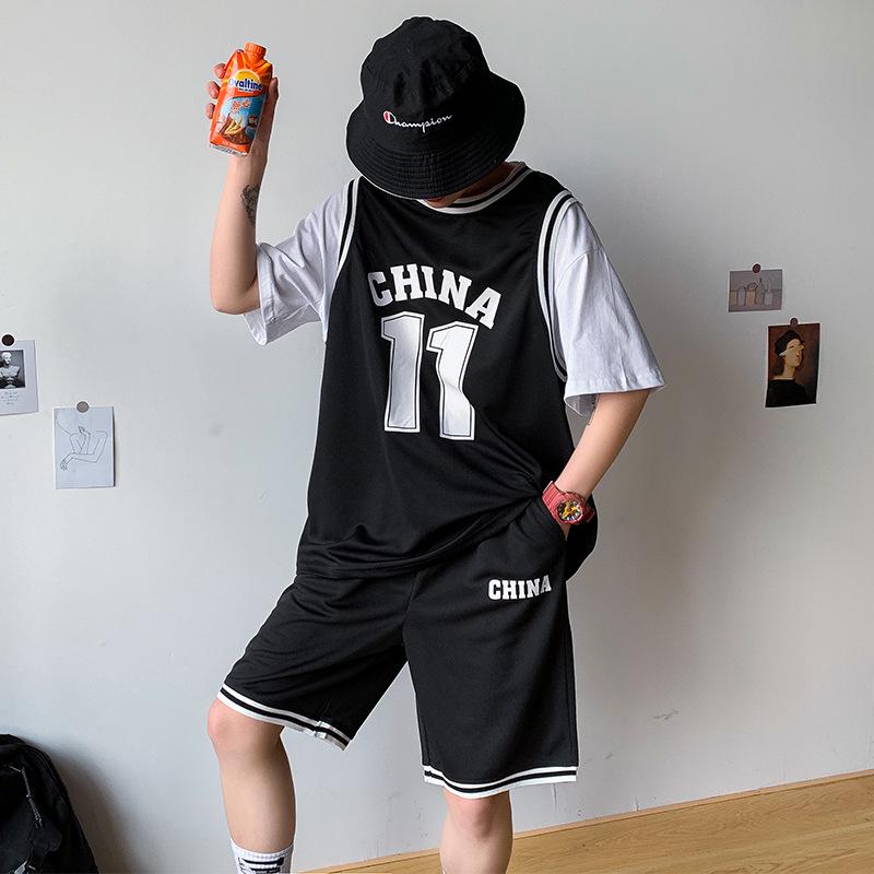 

Комплект баскетбольної майки унісекс у корейському стилі - вільний крой з короткими рукавами та шорти XL чорний