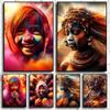 Holi Festival India Girl African Woman Colorful Dust Splash Portrait Poster Print Canvas Painting Wall Picture Home Room Decor