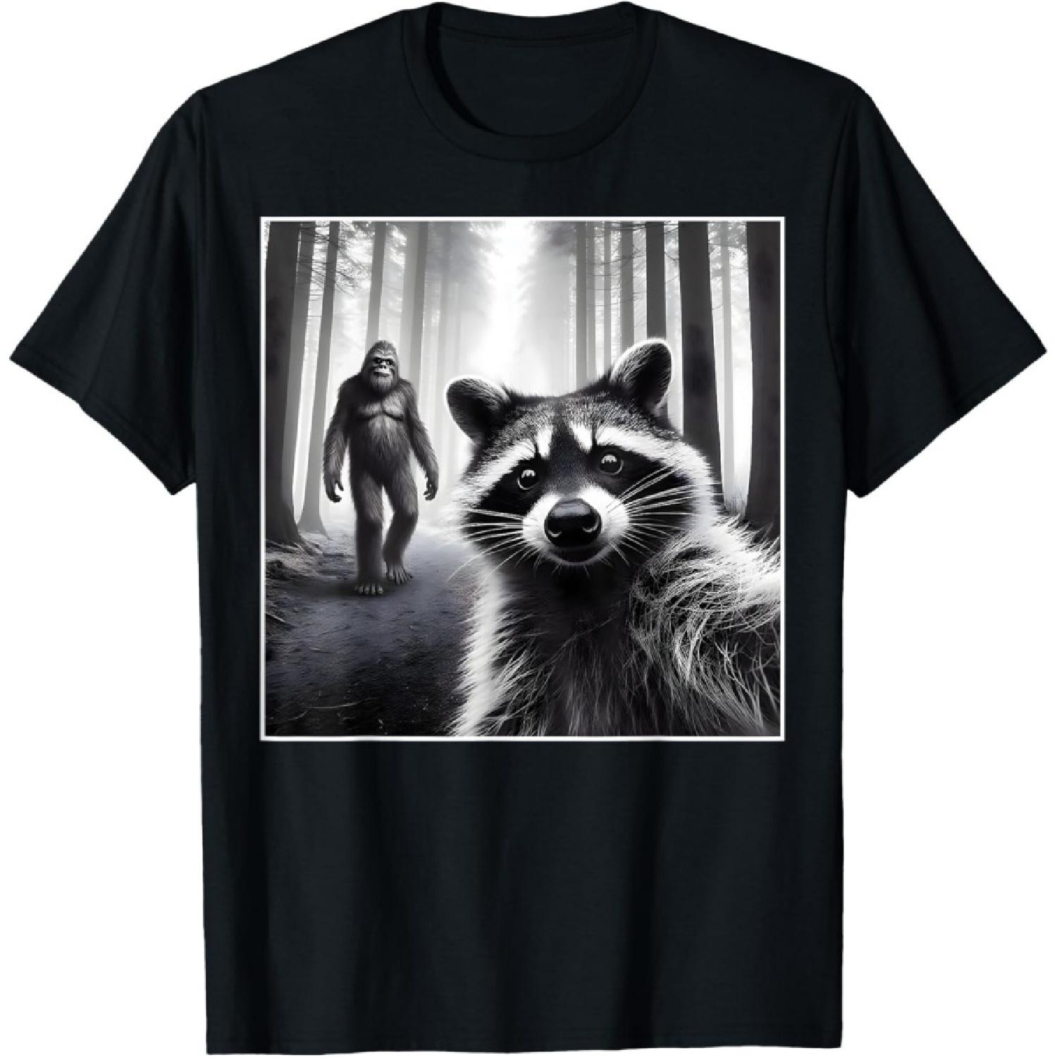Scared Raccoon Selfie With Sasquatch Bigfoot Funny Raccoon T-Shirt S