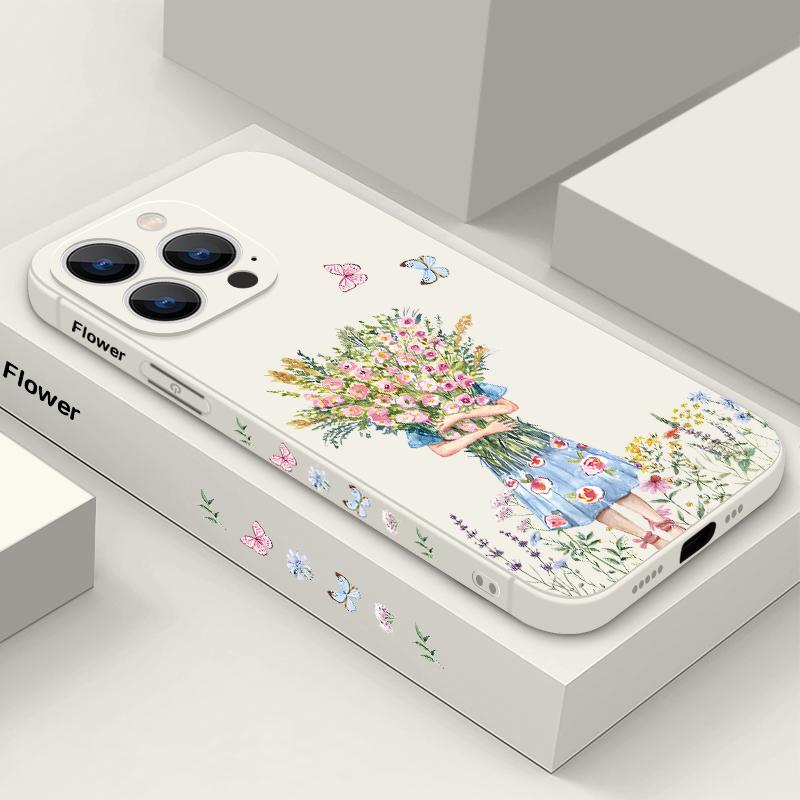 Luxury Girl Flower Lanyard Case For iPhone 15 16 17 Pro Max Soft Silicone Cover Coque For iPhone 11 12 13 14 Pro Max 16E 17 Air
