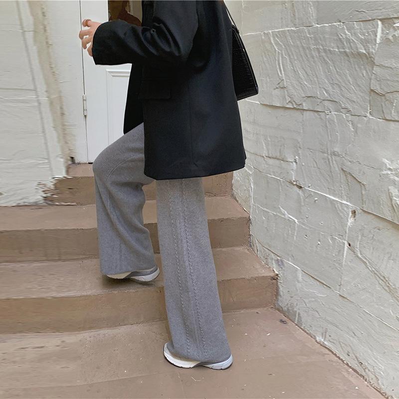 Women's Fashionable Casual Draping Knitted Wide-Leg Pants Elastic Waist Embossed Wool Mopping Trousers