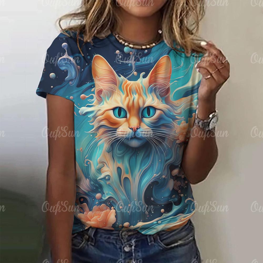 Top Women Fashion Woman Blouse 2024 3d Japanese Style Cat Print T-Shirts O-Neck Short Sleeve Tees Female Clothing Y2k T Shirts