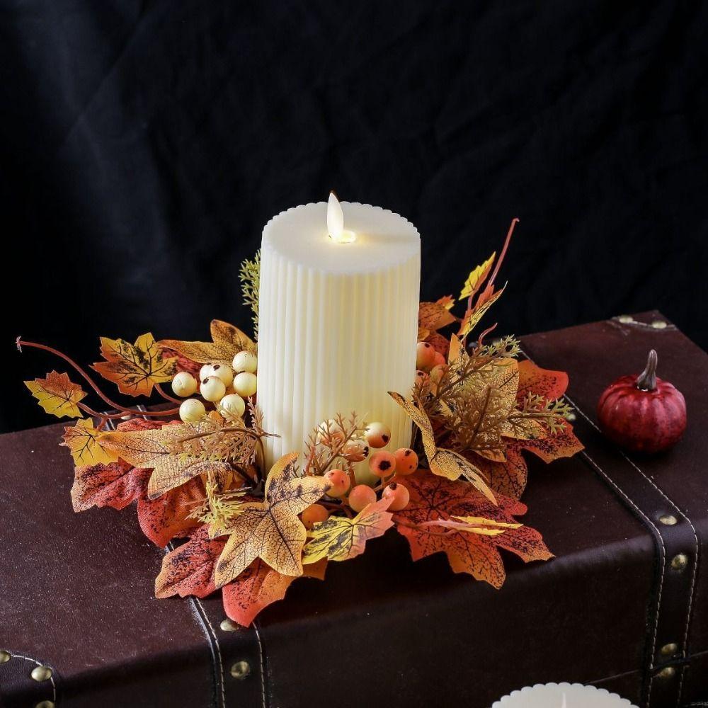 Simulated Maple Leaf Autumn Candle Wreath Faux Maple Leaf Harvest Decor Candle Ring Table Centerpiece 1pc Fall Candle Holder