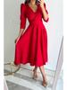 Autumn V-neck Waist-Cinching Bubble Sleeve Swing Dress