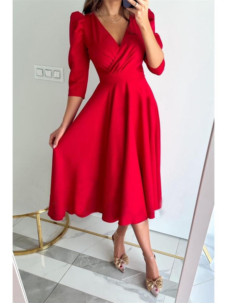 Autumn V-neck Waist-Cinching Bubble Sleeve Swing Dress