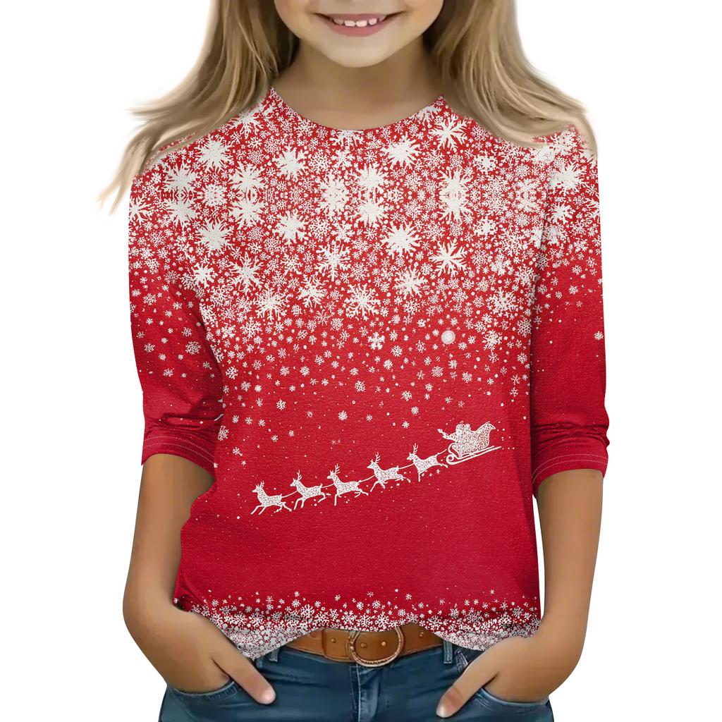 Christmas Day Print Tops For Youth Girls 4-11 Years Round Neck 3/4 Sleeves T-Shirts Trendy Tops Outfit Tees