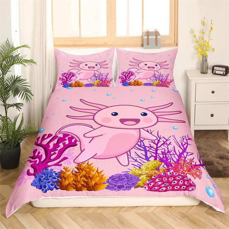 Kawaii Axolotl Duvet Cover Twin Size Underwater World Cartoon Bedding Set For Kids Boys Girls