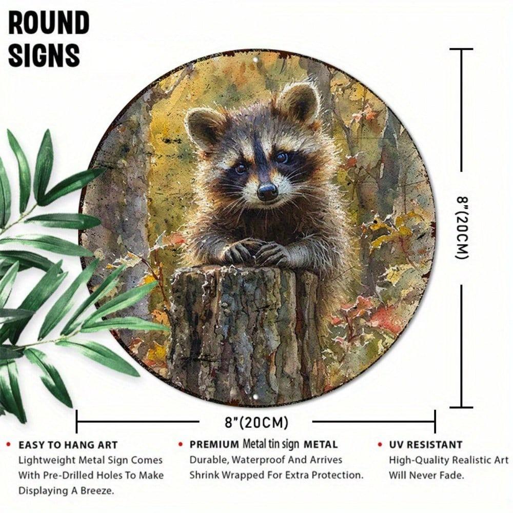 Raccoon Metal Tin Sign 8 Inch Round Wall Decor Art Rustic Vintage Home Hanging
