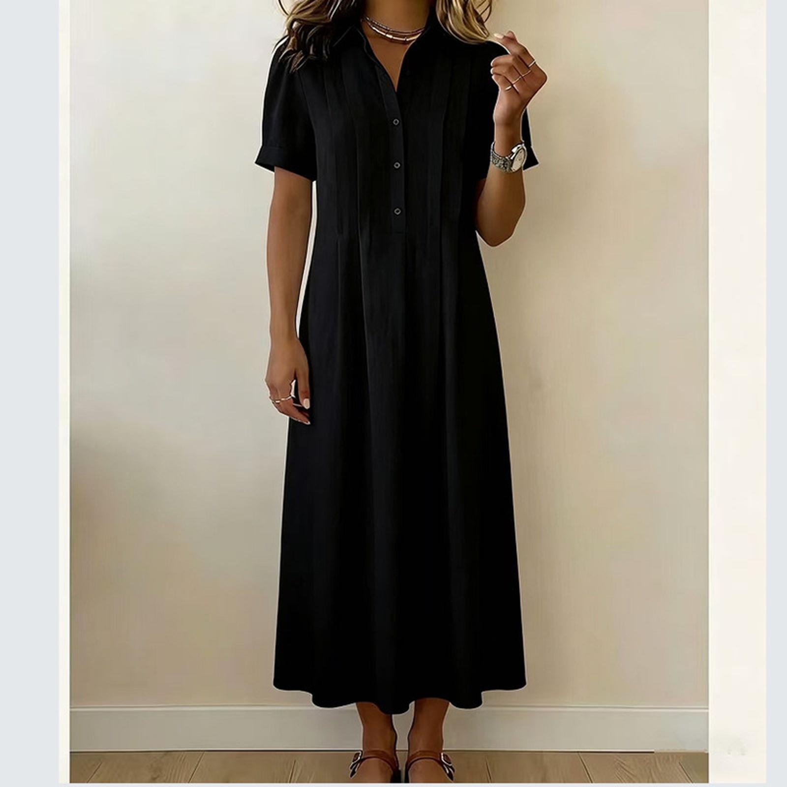 

Модное женское хлопково-льняное платье в полоску с отложным воротником, коротким рукавом и рукавами-трубами XXL чёрный