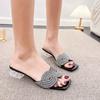 2026 Summer New Style Women's One-Piece Sandals with Rhinestones Thick Heels with Exposed Toes Mid Heeled Slides Women Slippers