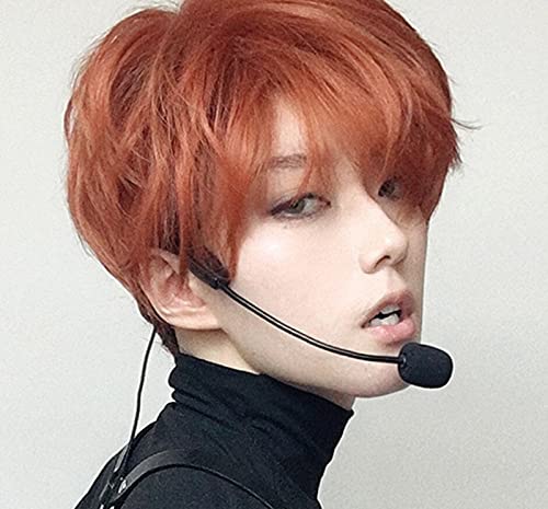Men's Harajuku-style full wig, orange, short, popular, fashionable, with a net, natural-looking, unisex.