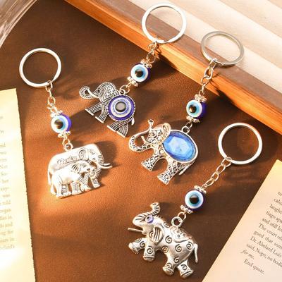 Vintage Ethnic Style Diamond-Encrusted Elephant Keychain Turkish Blue Eyes Devil'S Eye Pendant Bag Accessories