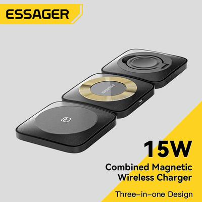 Essager Magnetický stojánek pro bezdrátovou nabíječku 3 v 1 pro iPhone 14 13 12 Pro Max Apple Watch Airpods 15w dokovací stanice s rychlým nabíjením