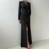 Women's White Stand Collar Deep V Neck Long Sleeve Maxi Dress Button Front High Slit Bodycon Elegant Formal Evening Party Wedding Guest Gown