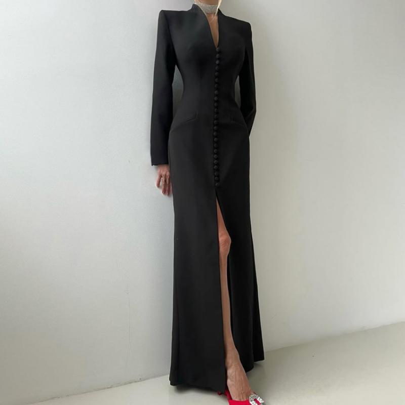 Women's White Stand Collar Deep V Neck Long Sleeve Maxi Dress Button Front High Slit Bodycon Elegant Formal Evening Party Wedding Guest Gown