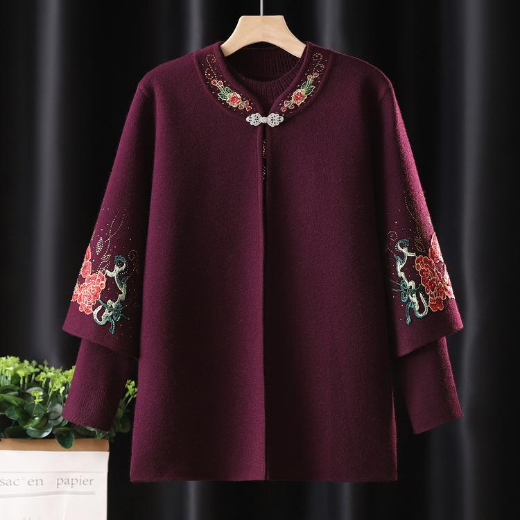 

Новый вязаный кардиган для мамы, вышитый свитер-пальто для женщин среднего и пожилого возраста, весенне-осеннее пальто, костюм-двойка 4XL фиолетовый