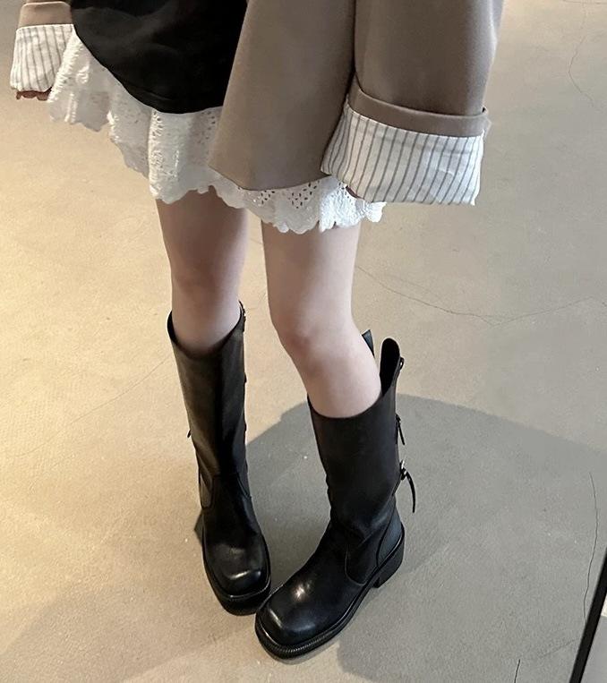 Cowhide Version~ Retro Niche Belt Buckle High Knight Boots Women's 2025 New Thick Heel Boots Cowboy Boots