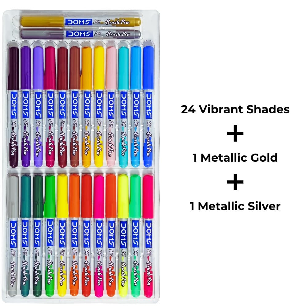 DOMS Brush Pen Set 26 Shades Flexible Soft Tip Water Based Coloring Pens For Kids School Art Calligraphy Home Use