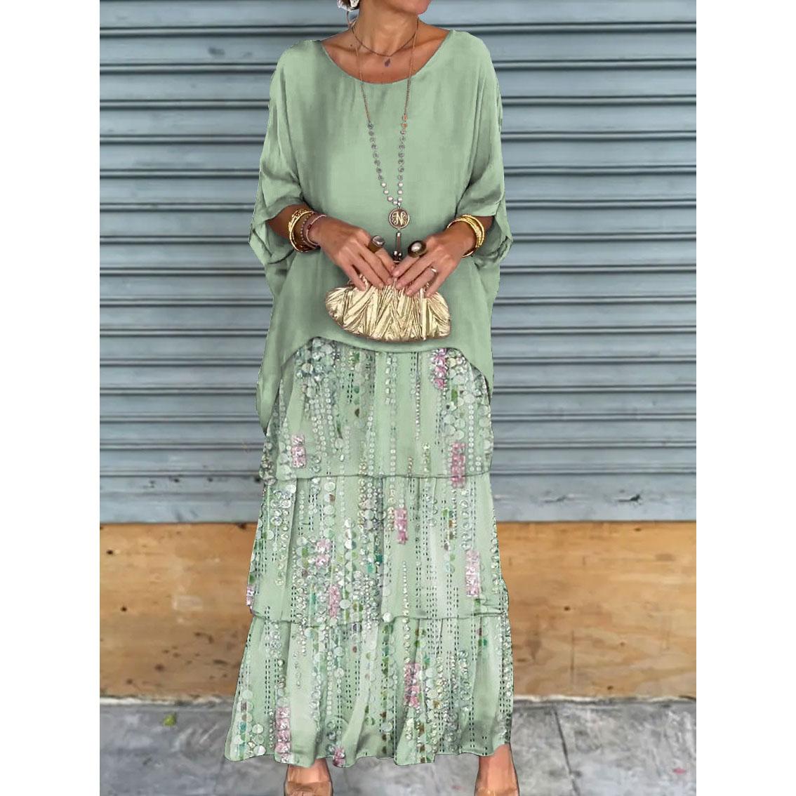 

Female Elegant Floral Print Chiffon Boho Long Dress Spring Round Neck Women Pullover Dress Half Bat Sleeve Cake Skirt Dress XXXXL