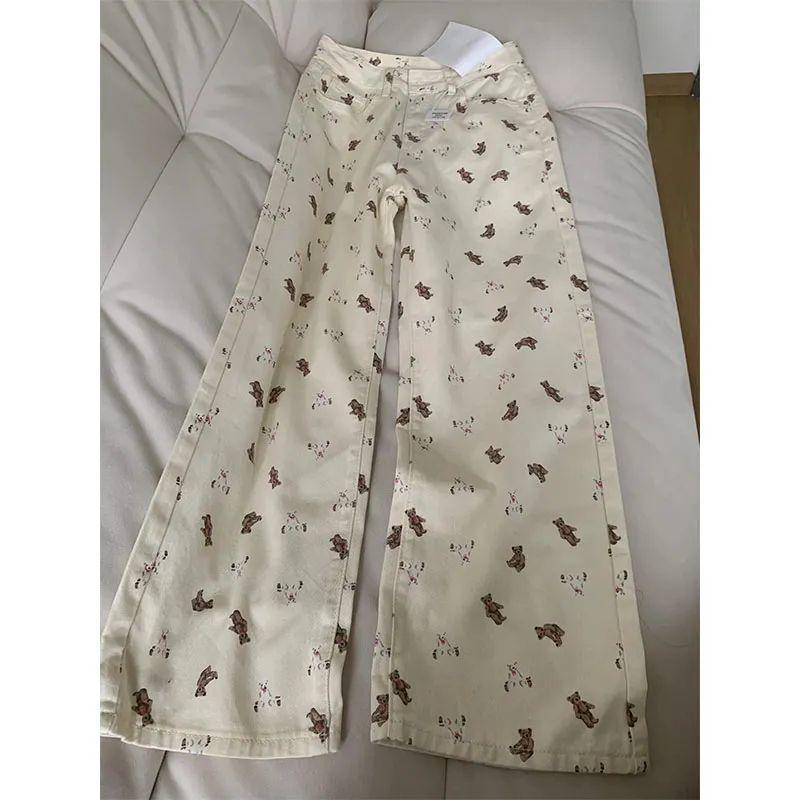 High Street cartoon bear floral jeans women's new straight loose drape floor wide-leg pants