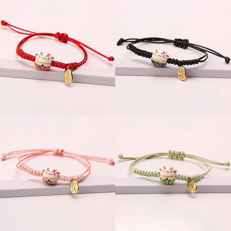 Hand Woven Wax Thread Ceramic Wealth Attracting Cat Bracelet, Cute Cat Adjustable Hand Rope Bracelet