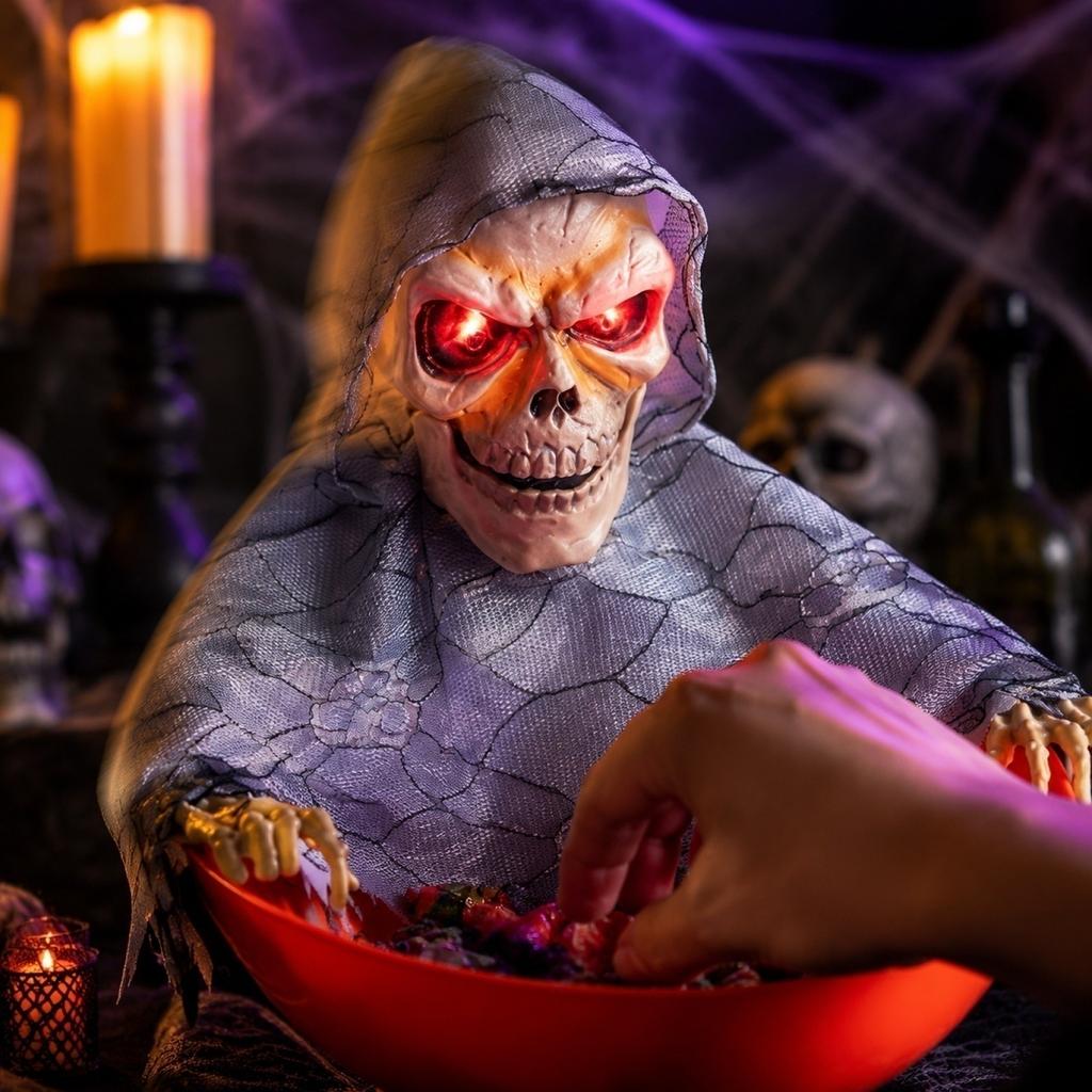 Halloween Motion Activated Candy Bowl with Sound and Light Up Features for Party Table Decoration and Interactive Display