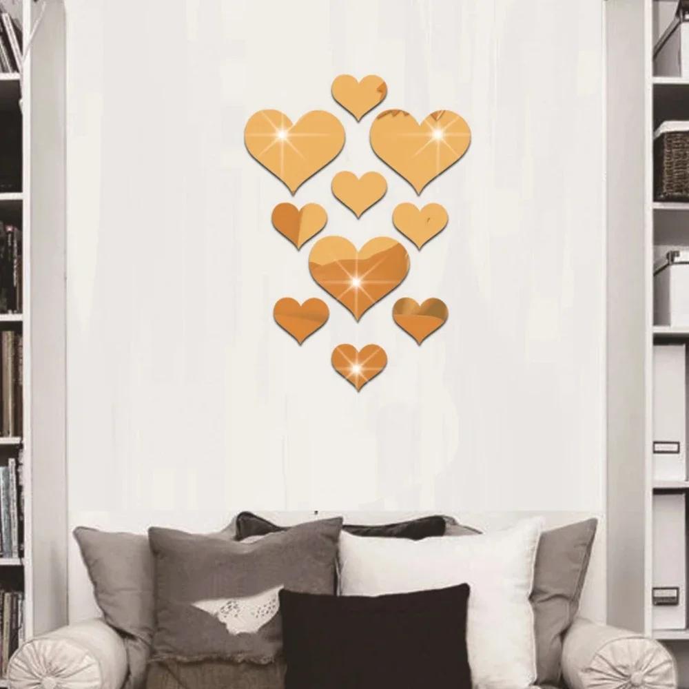 10Pcs Wall Stickers Removable Heart Wall Stickers for Home Decor Love Mirror Decals Mural Art Bedroom Furniture Decoration