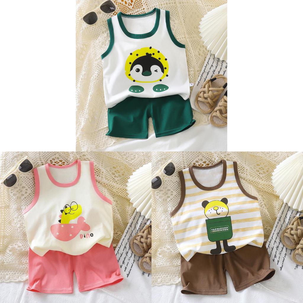 Baby Summer Cotton Sleeveless Shorts Set With Cartoon Prints For Toddler Boys And Girls