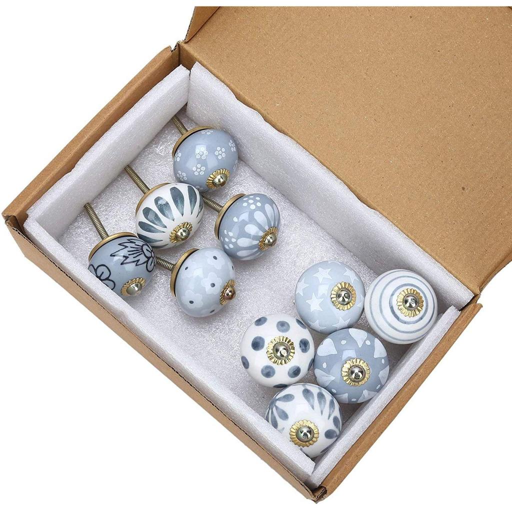 Buton Ceramic Albastru Asortat Vintage pentru Sertar, pentru Dulapuri de Bucătărie, Decor Interior Acasă, Feronerie - Gri - Pachet de 6 Butoni