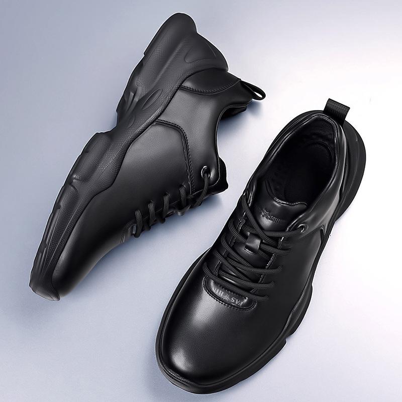New winter leather sneakers business casual leather shoes all black official shoes light commute