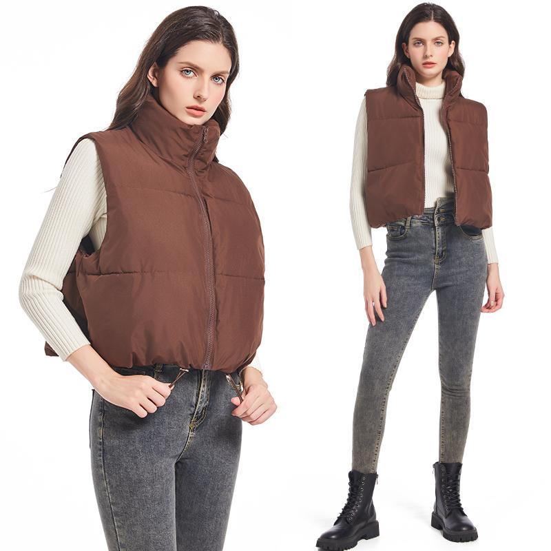 Solid Stand Collar Short Autumn Winter Jacket Coat Parka Vest Women M-XL