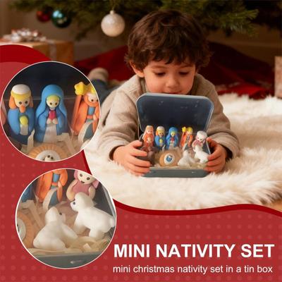 Yousheng 1/2/3Pcs Mini Nativity Scene Set In Tin Box Handcrafted Pocket Size Nativity Scene Tin Resin Birth of Jesus Ornament Christmas Decoration