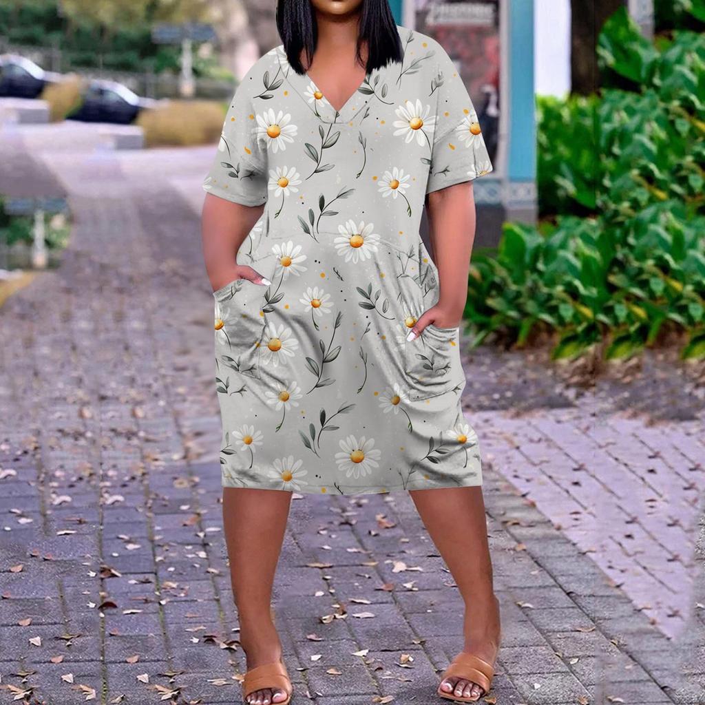 Summer Plus Size V Neck Short Sleeve Knee Pocket  Print Casual Dress For Women