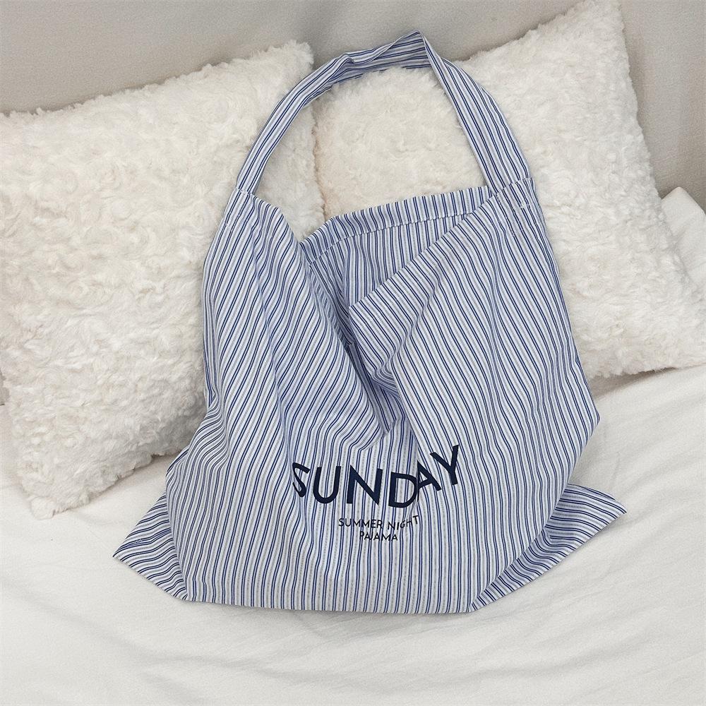 

Лето, Надпись, Холщовая сумка в сине-белую полоску, Повседневный, Расслабленный стиль, Большая вместимость, Сумка через плечо
